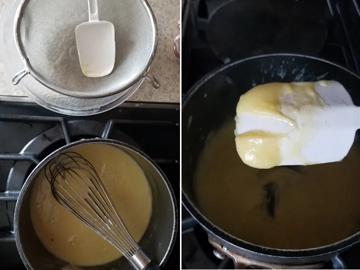 two photos showing how to cook custard for german meringue buttercream