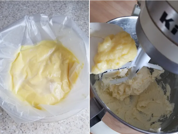 one photo showing how to store cooked custard and another photo showing how to add custard to buttercream