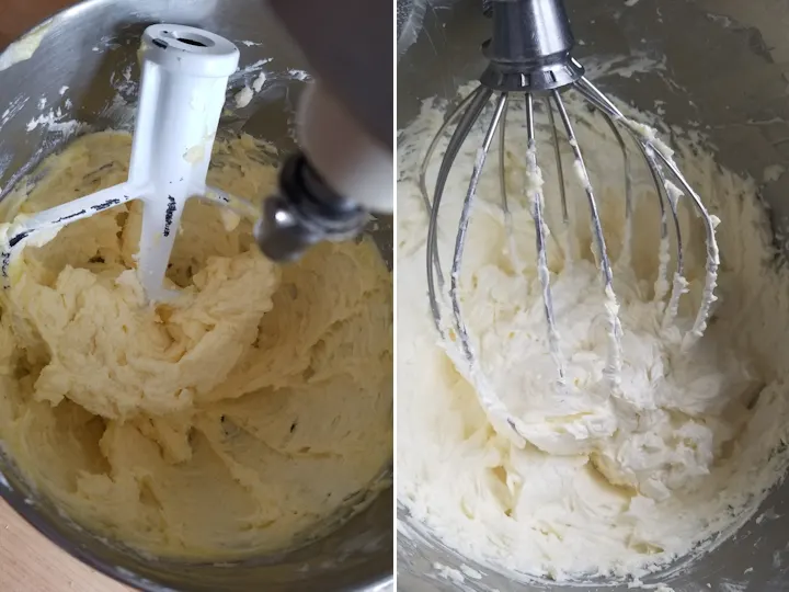 two photos showing german buttercream before and after whipping