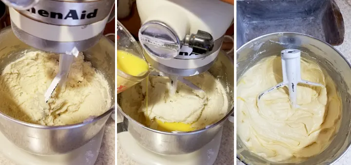 three photos showing the steps for mixing lemon yogurt pound cake.