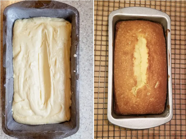 two side by side photos showing pound cake before and after baking.