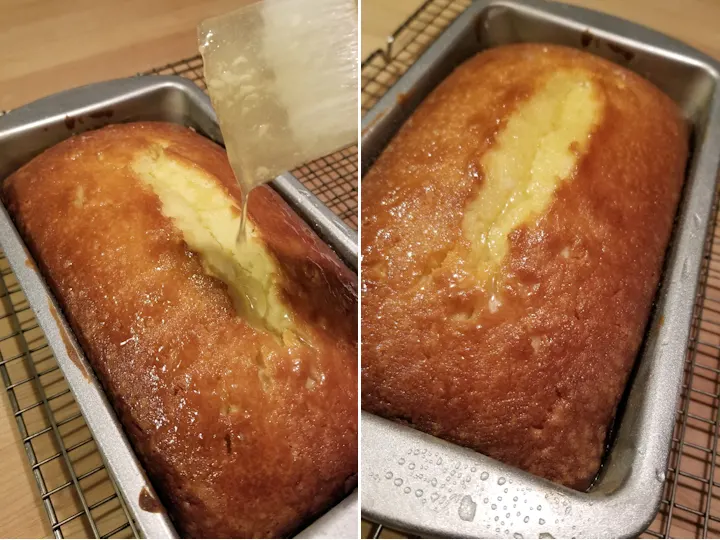 two photos showing how to glaze pound cake with lemon syrup