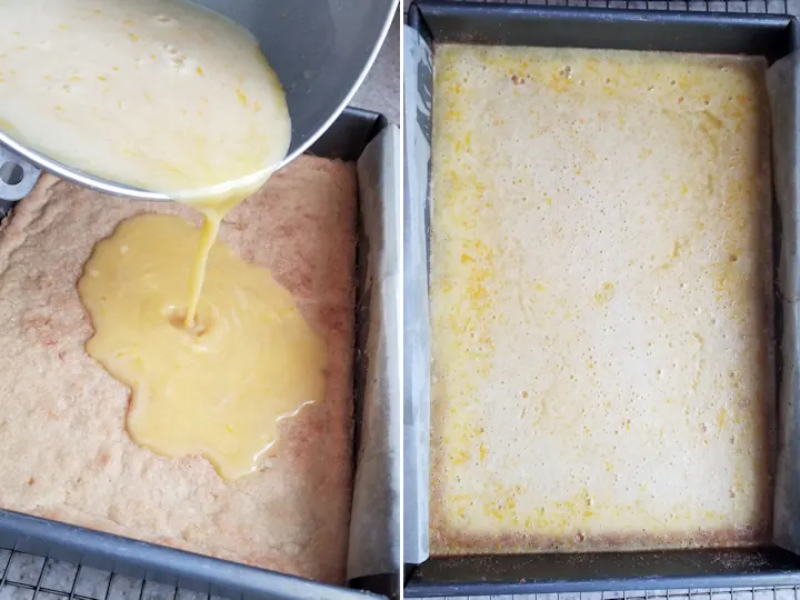 two photos showing meyer lemon bars before and after baking