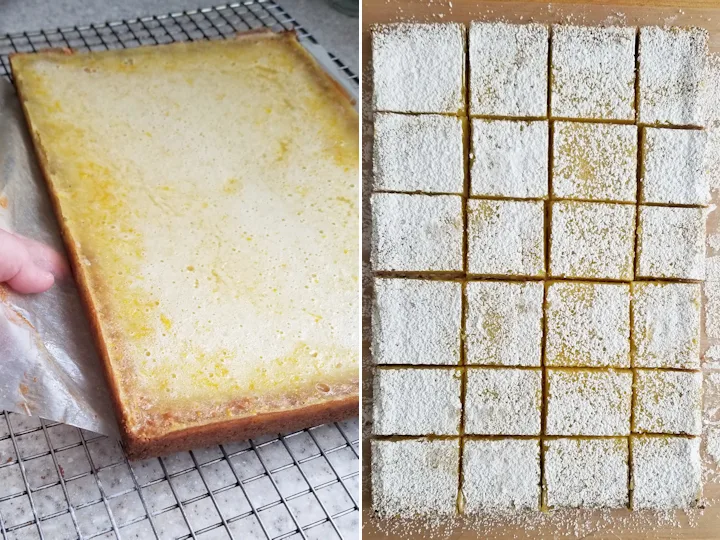 two photos showing how to finish and cut meyer lemon bars