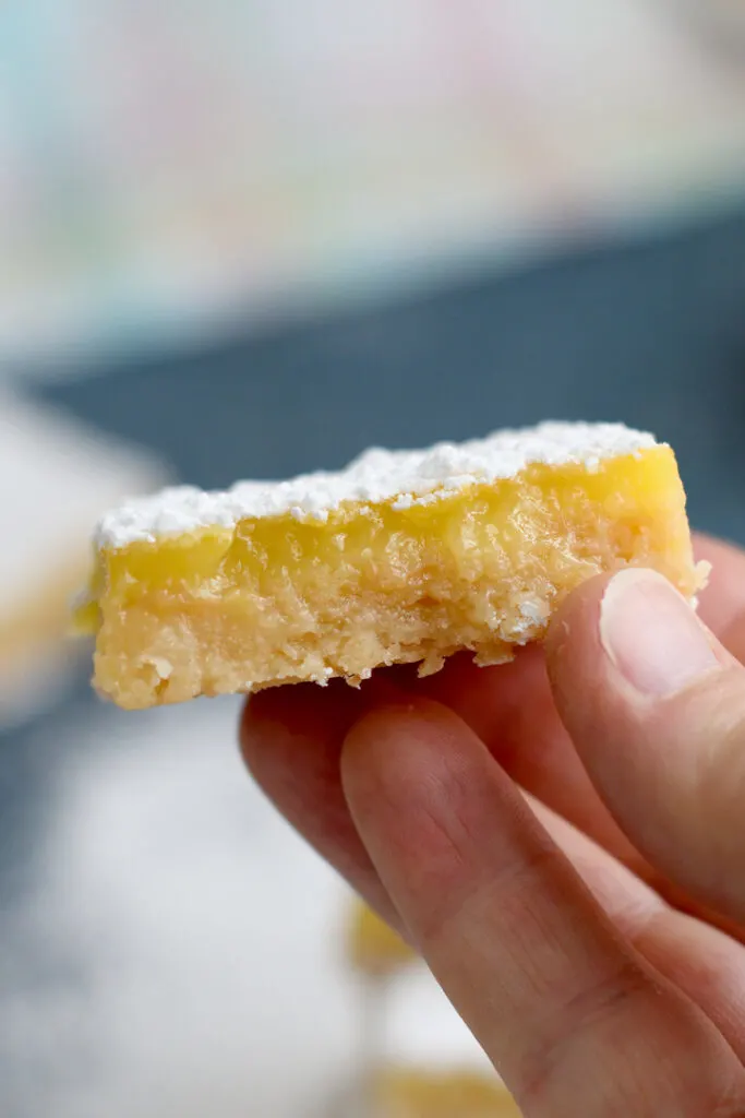 a closeup of a meyer lemon bar