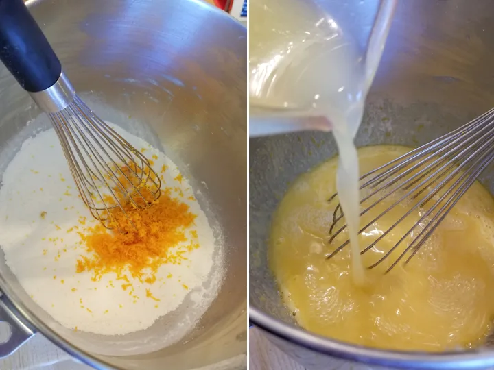 two photos showing how to mix meyer lemon custard for bar cookies