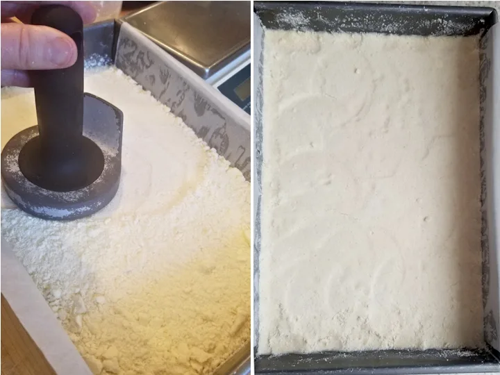 two photos showing how to make the shortbread crust for lemon bars