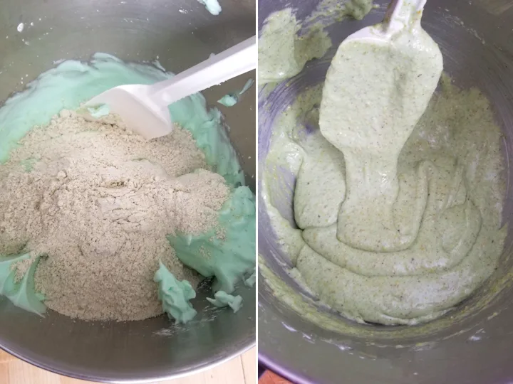showing how to fold pistachio flour into egg whites to make macarons