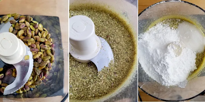 three photos showing how to prepare pistachios to make french macarons without almonds