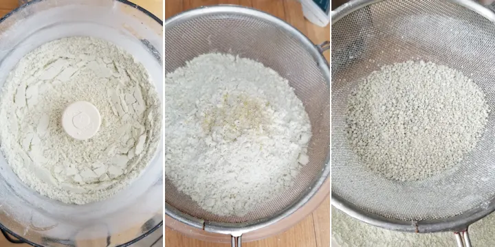 three photos showing how to grind and sift pistachios for macarons.