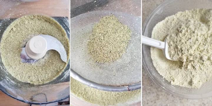 three photos showing how to grind pistachios and sugar to a flour to make french macarons