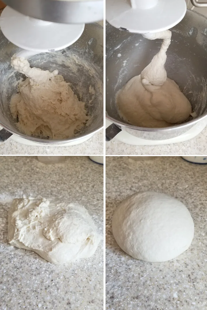 four photos showing how to mix pita bread dough