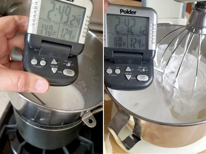 two photos showing how to monitor the temperature of meringue for swiss buttercream