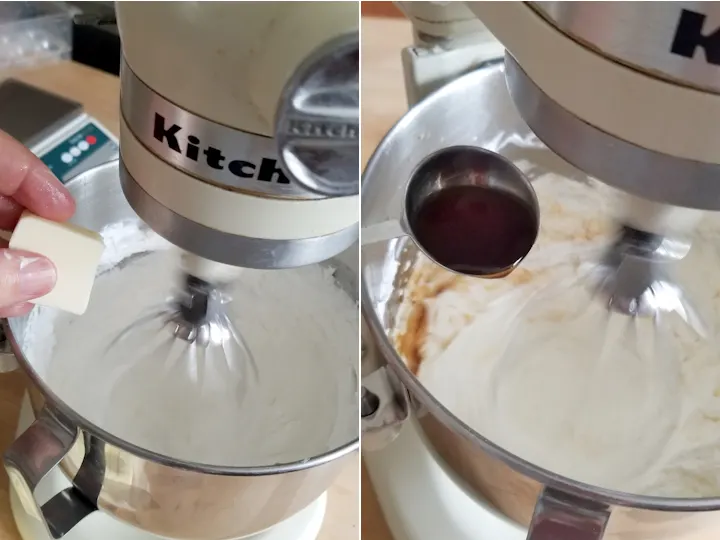 two photos showing how to add butter and vanilla to meringue buttercream