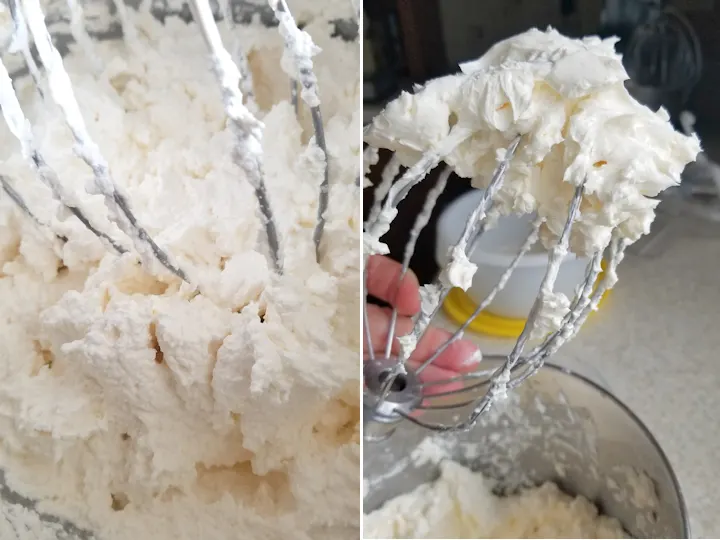 two photos showing how to finish making swiss meringue buttercream