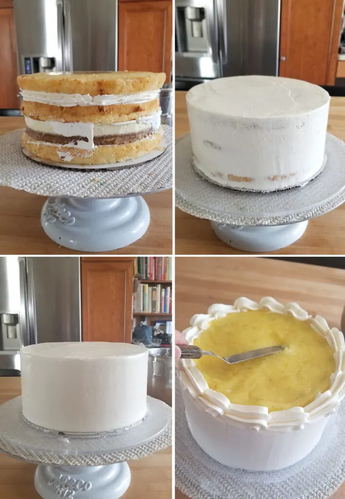 Cake without icing on a cake stand. Iced cake on a cake stand.