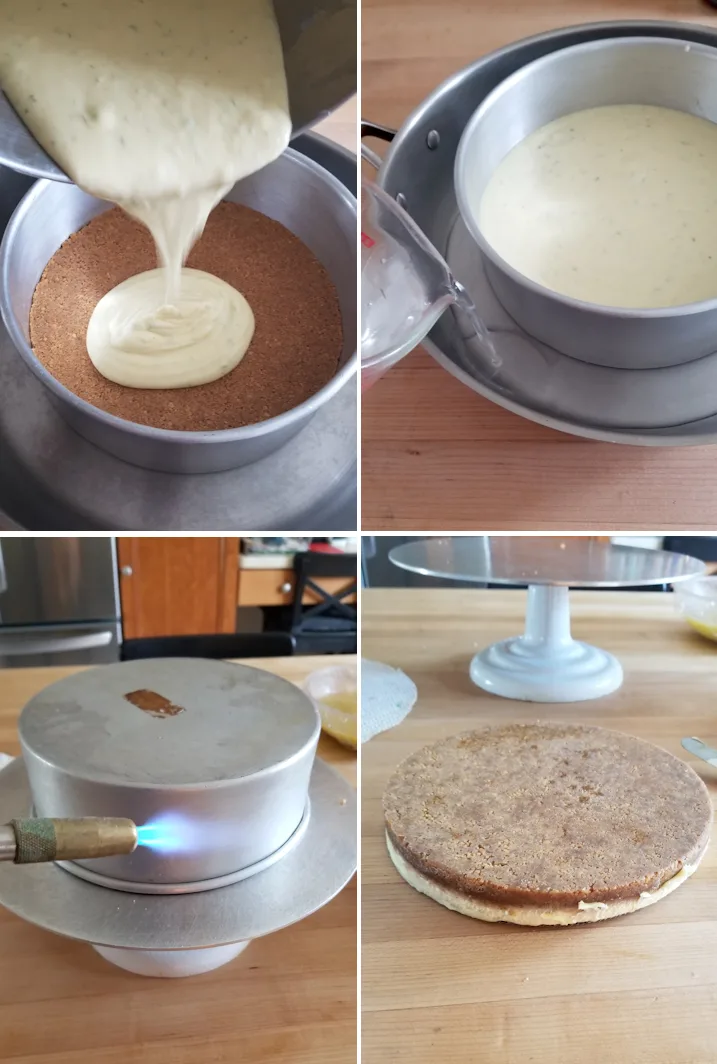 four photos showing steps to make, bake and release a cheesecake layer with graham cracker crust.