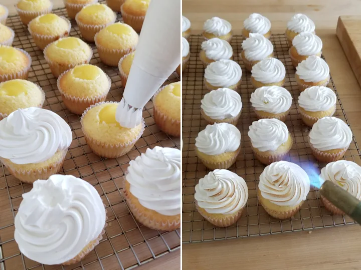 two photos showing how to top and torch meringue on cupcakes