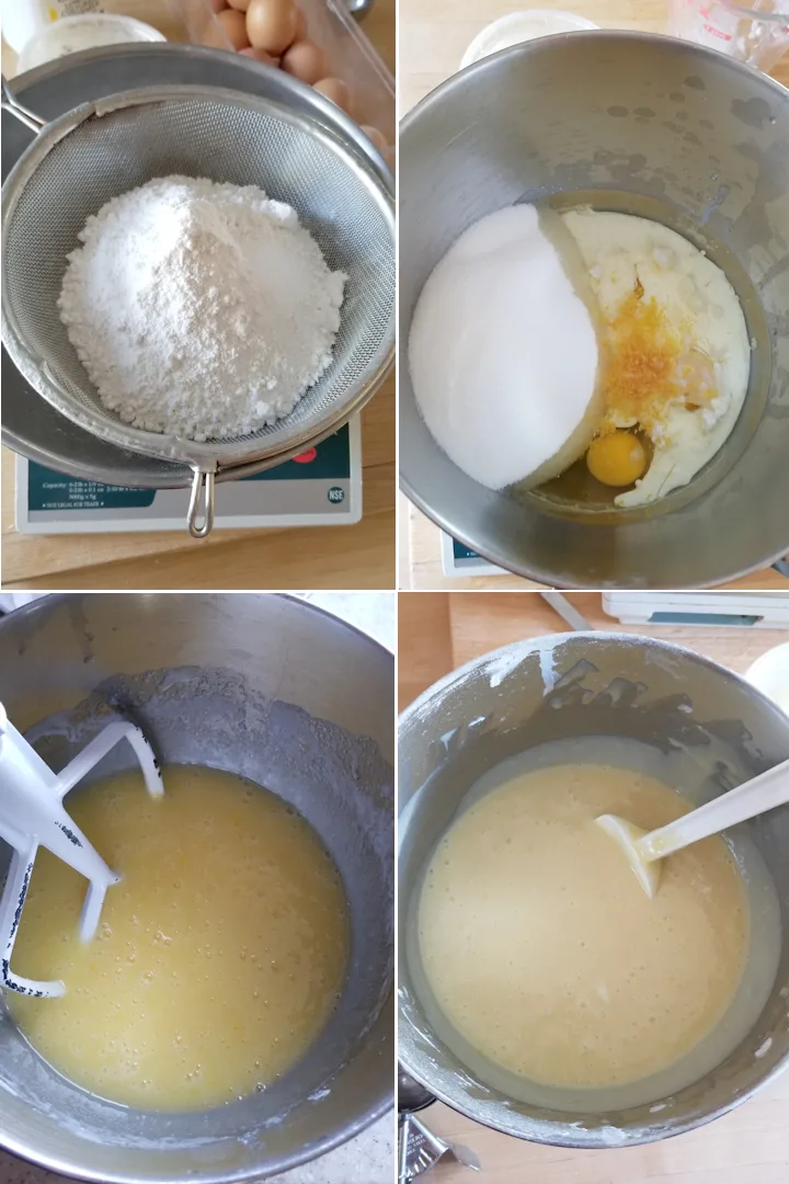 four photos showing how to mix lemon cake batter