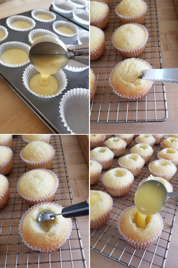 four photos showing how to bake and fill lemon cupcakes