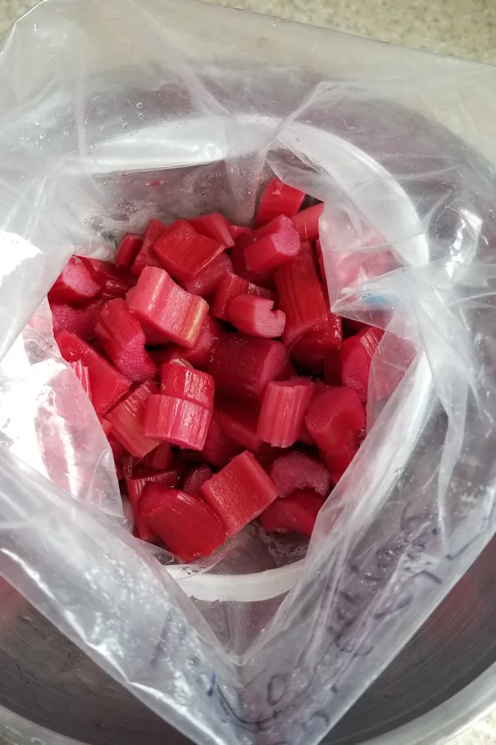 showing a bag of previously frozen rhubarb pieces