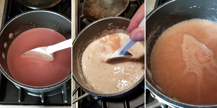 three photos showing how to cook rhubarb curd