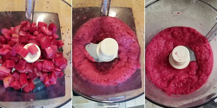 three photos showing how to puree frozen rhubarb to make rhubarb curd