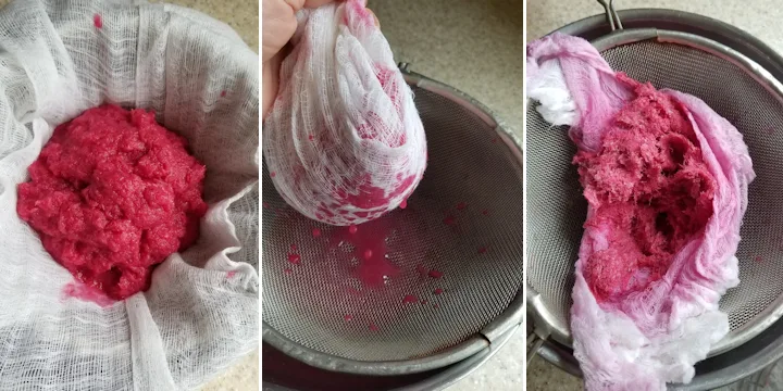 three photos showing how to strain rhubarb for juice