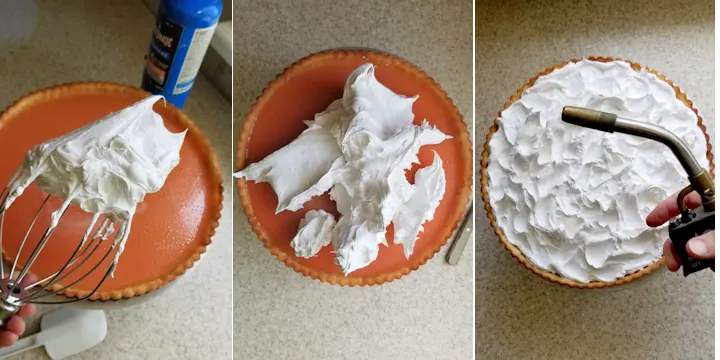 three photos showing how to top a rhubarb tart with meringue