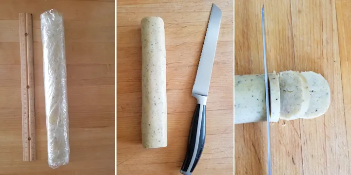 three photos showing how to slice and bake rosemary parmesan shortbread