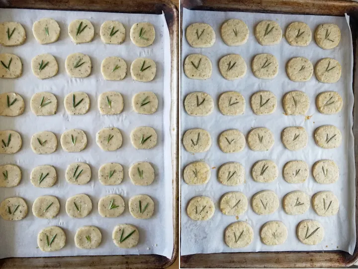 showing rosemary shortbread before and after baking