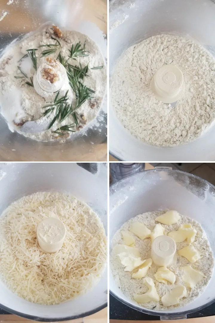 four photos showing how to mix savory shortbread dough in a food processor