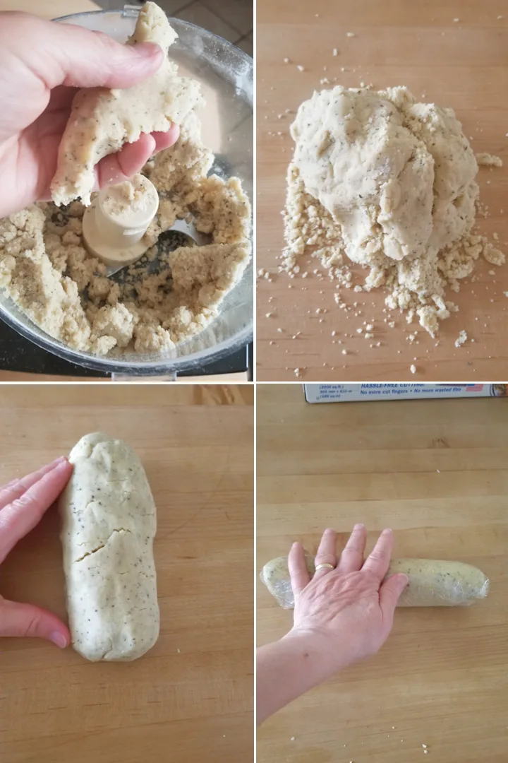 four photos showing how to form savory shortbread dough.