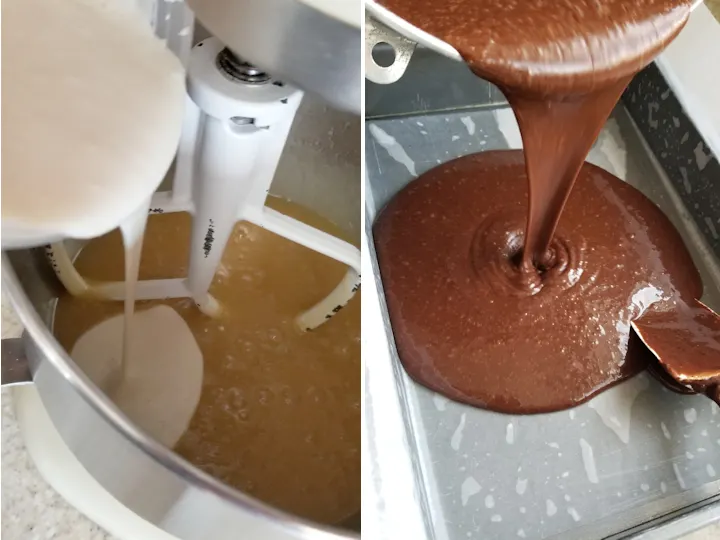 two photos showing sourdough chocolate cake batter before and after mixing.