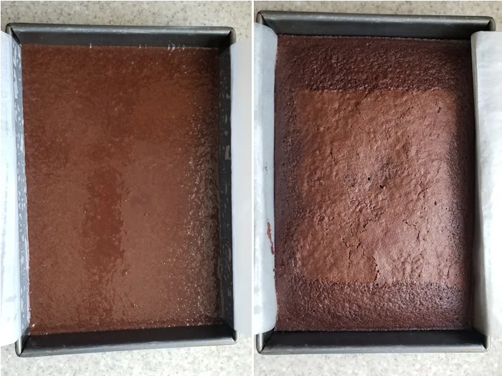 two photos showing sourdough chocolate cake before and after baking.