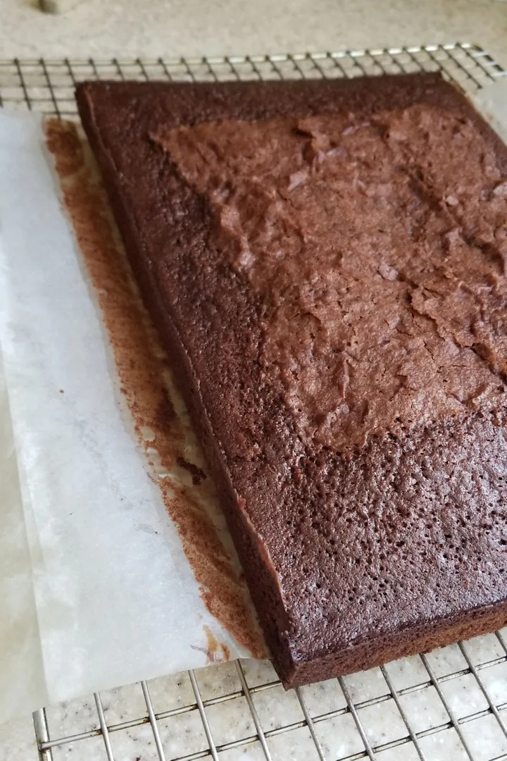 showing how to transfer sourdough chocolate cake to a serving platter