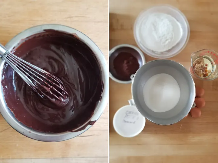 photos showing prepared ingredients for sourdough chocolate cake