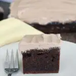 a pinterest image for sourdough chocolate cake with text overlay