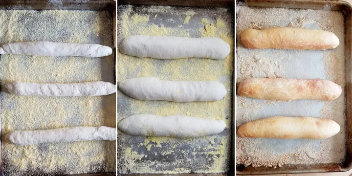 three photos showing sourdough hoagies before rising, after rising and after baking.