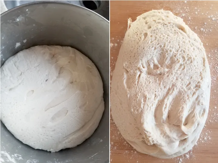 two photos showing sourdough hoagie dough after a night in the refrigerator