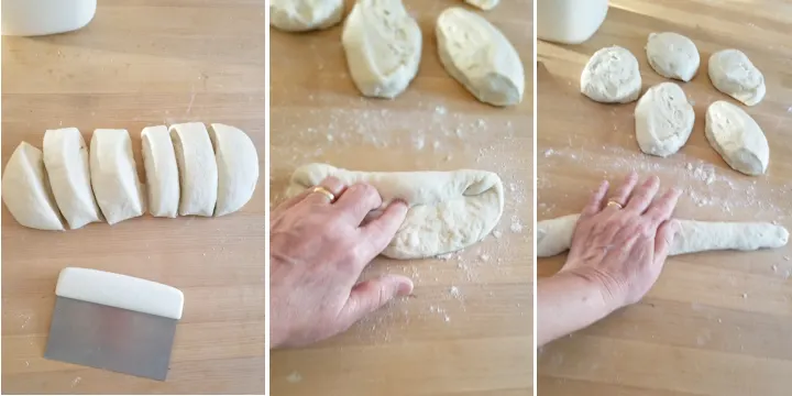 the photos showing how to cut and shape the dough for sourdough hoagie rolls