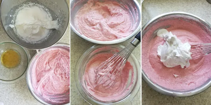one photo showing bowls of whipped egg whites, melted gelatin and strawberry mousse base. middle photo showing how to whisk gelatin into a bowl of strawberry mousse and third photo showing how to fold whipped whites into strawberry mousse