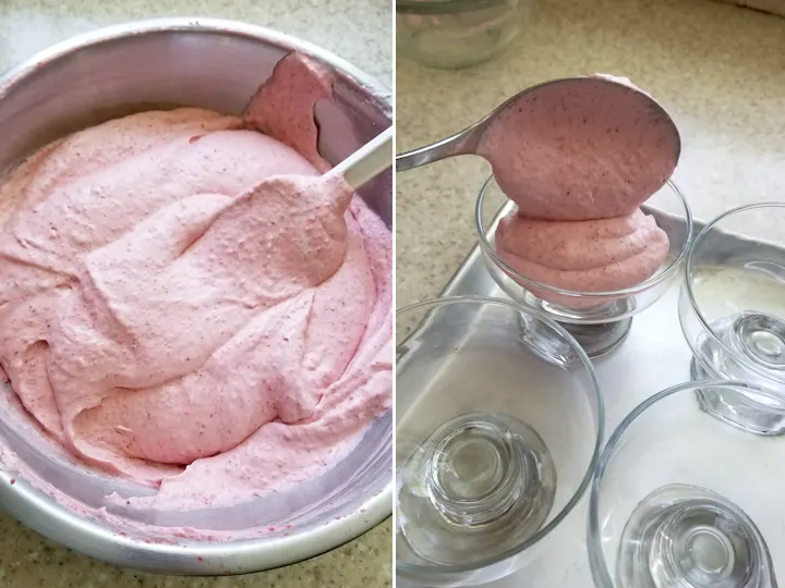 a bowl of strawberry mousse and a spoon pouring mousse into a serving bowl