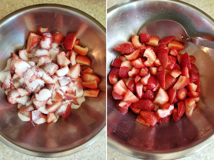 two photos showing strawberries before and after macerating with sugar.