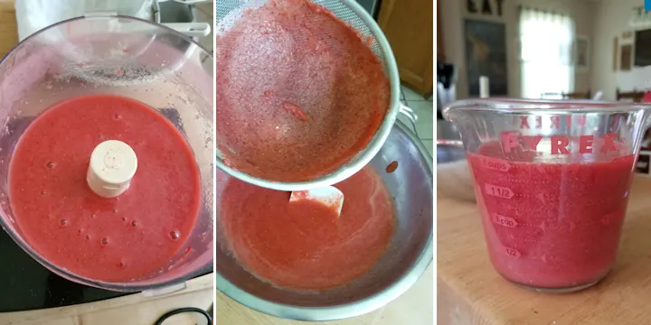 three photos showing how to puree and strain strawberries to make mousse.