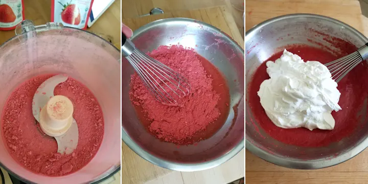 three photos showing ground strawberries in a food processor, whisk strawberry powder into a bowl with berry juice and folding whipped cream into a bowl of strawberry juice