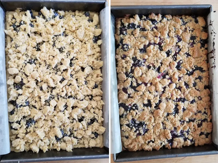 blueberry crumb bars before and after baking