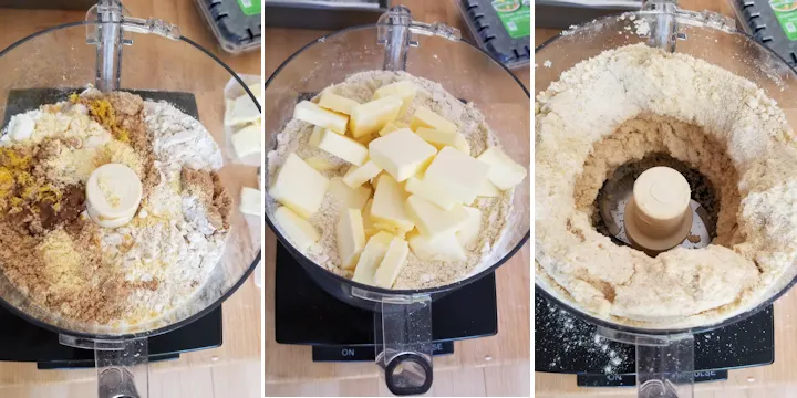 a food processor filled with ingredients for cornmeal crumb crust
