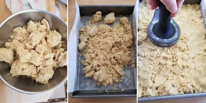 crumb topping being set into a baking pan