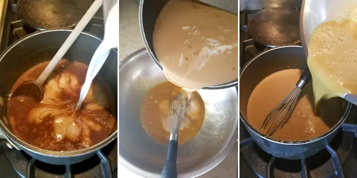 three photos showing how to make butterscotch sauce and how to make ice cream from the sauce